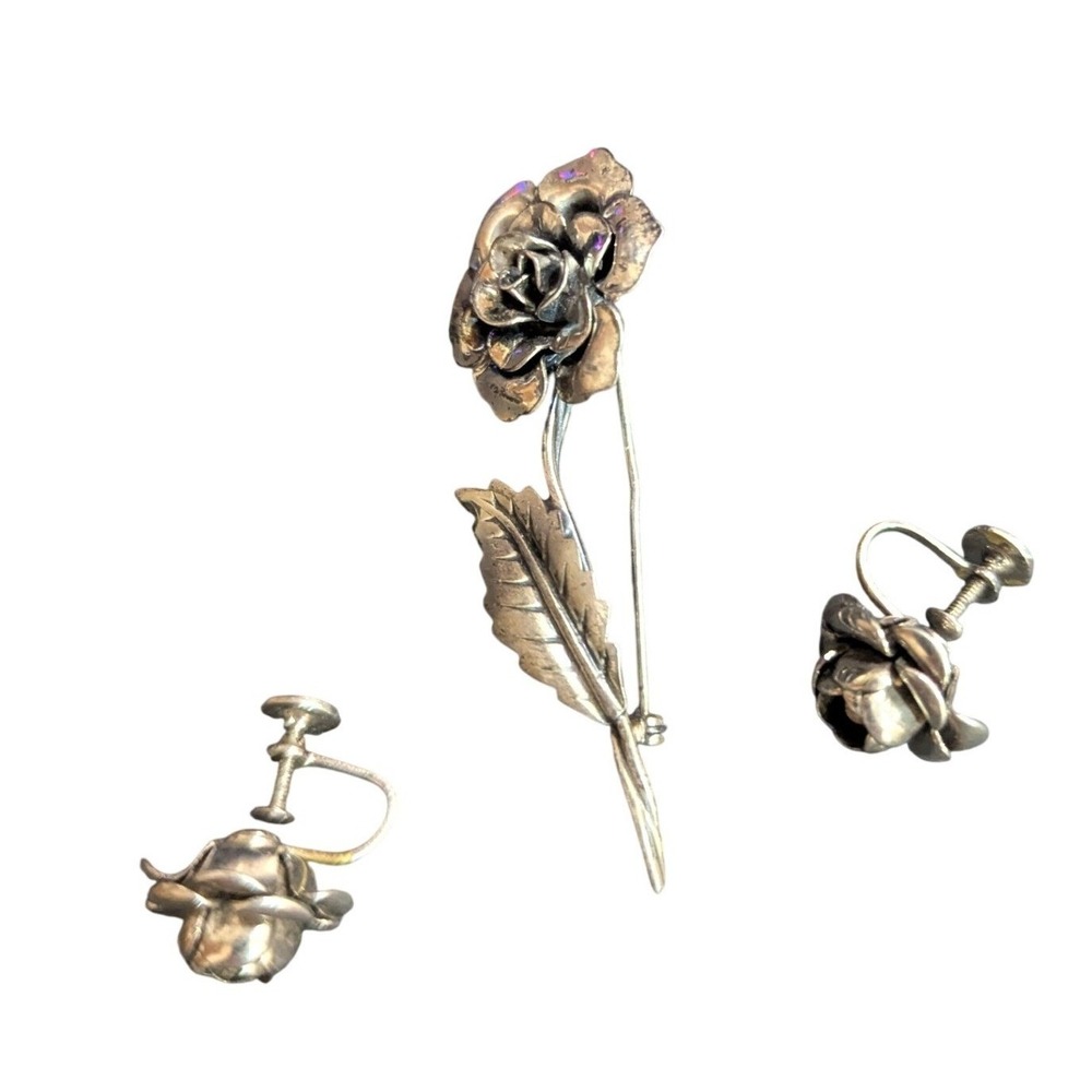 Vintage Jewelart Sterling Silver Rose Flower Brooch and Screw Back Earrings Set